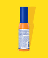Back of Banana Boat Ultra Sport SPF 50 SmartMist sunscreen spray bottle on a yellow background