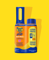 Front of Banana Boat Ultra Sport SmartMist Starter Kit, showing a sunscreen spray and refill with SPF 50, labeled '1 Spray 1 Refill,' against a yellow background.
