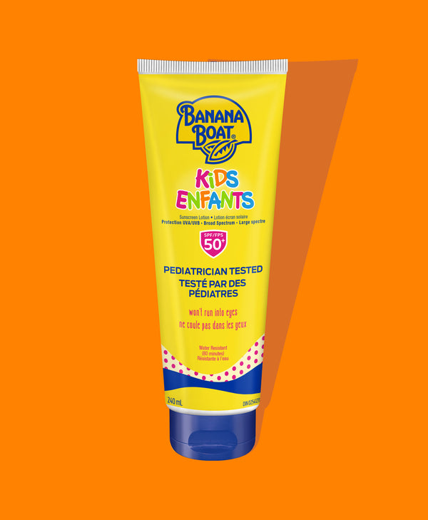 Front of Banana Boat Ultra Sport Kids lotion, showing sunscreen against a orange background.