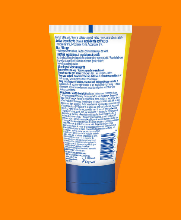 Back of Banana Boat kids SPF 50 travel size packaging showing product instructions and safety warnings on orange background.