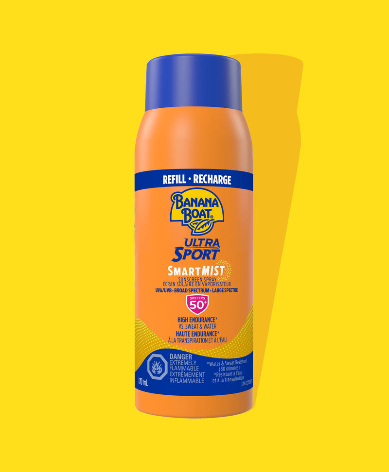Front of Banana Boat Ultra Sport SPF 50 SmartMist Refill sunscreen bottle, featuring branding, high endurance claims, and flammability warning, set against a yellow background.